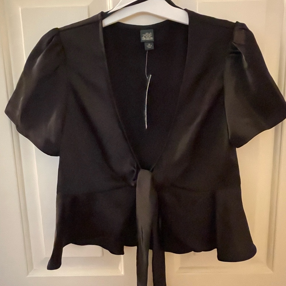Black Satin tie front top